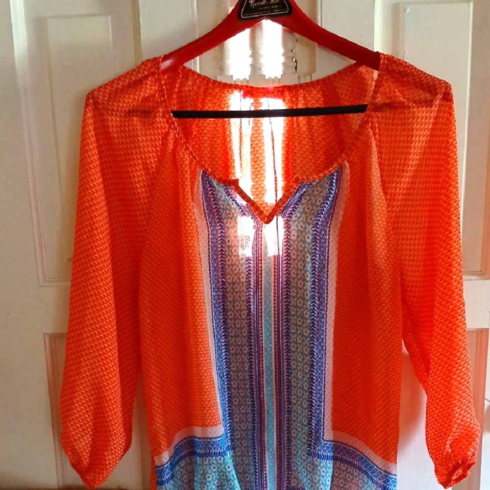 Boho  Orange 3/4 Sleeve Tie Front Blouse boho style